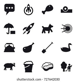 16 vector icon set : message, rocket, chicken leg, dog, kettle, shovel, goose, sheep, foam bucket, sponge with foam, garden cleaning