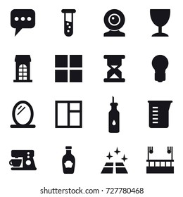 16 vector icon set : message, vial, web cam, wineglass, building, window, bulb, mirror, measuring cup, clean floor, skyscapers cleaning