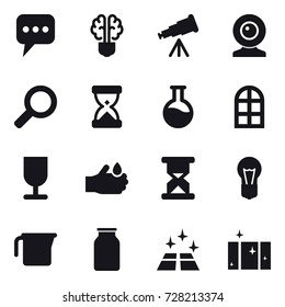 16 vector icon set : message, bulb brain, telescope, web cam, arch window, measuring cup, clean floor, clean  window