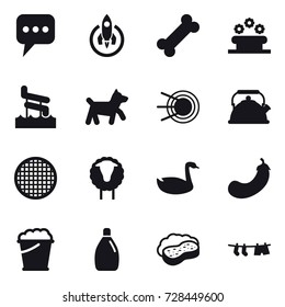 16 vector icon set : message, rocket, flower bed, aquapark, dog, kettle, sheep, goose, eggplant, foam bucket, cleanser, sponge with foam, drying clothe