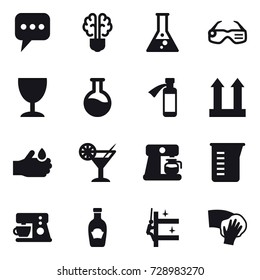 16 vector icon set : message, bulb brain, flask, smart glasses, wineglass, cocktail, coffee maker, measuring cup, skyscrapers cleaning, wiping