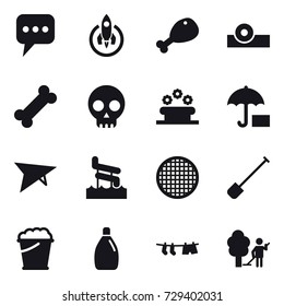 16 vector icon set : message, rocket, chicken leg, flower bed, deltaplane, aquapark, shovel, foam bucket, cleanser, drying clothe, garden cleaning