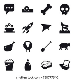 16 vector icon set : message, flower bed, deltaplane, aquapark, sheep, shovel, foam bucket, cleanser, sponge with foam, floor washing