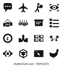 16 vector icon set : message, plane, courier, eye identity, sale, atm receipt, list, info, castle, panel house, palm hammock, chicken