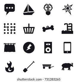16 vector icon set : message, boat, bulb brain, bang, chip, basket, bone, pool, curtain, electricity, speaker, shovel, trailer, sheep