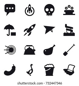 16 vector icon set : message, rocket, flower bed, plane, aqua park, kettle, shovel, eggplant, goose, foam bucket, floor washing