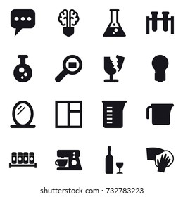 16 vector icon set : message, bulb brain, flask, bulb, mirror, window, measuring cup, wine, wiping