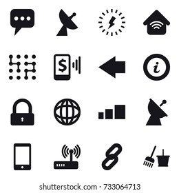 16 vector icon set : message, satellite antenna, lightning, wireless home, chip, mobile pay, left arrow, info, lock, bucket and broom