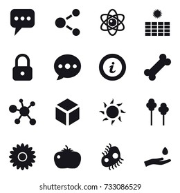 16 vector icon set : message, molecule, atom, sun power, lock, ballon, info, 3d, sun, trees, flower, tomato, microb, hand and drop