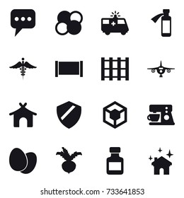 16 vector icon set : message, atom core, fence, plane, bungalow, beet, pills bottle, house cleaning