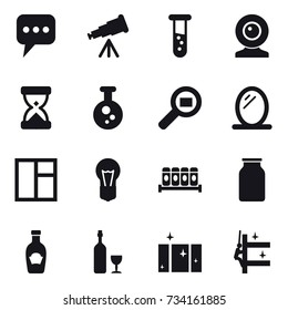 16 vector icon set : message, telescope, vial, web cam, mirror, window, wine, clean  window, skyscrapers cleaning