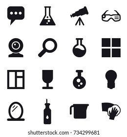 16 vector icon set : message, flask, telescope, smart glasses, web cam, window, bulb, mirror, measuring cup, wiping