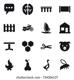 16 vector icon set : message, bridge, fence, motorcycle, windsurfing, home, table, honeycombs, scissors, pig, fire, pear, goose, wasp