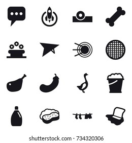 16 vector icon set : message, rocket, flower bed, deltaplane, eggplant, goose, foam bucket, cleanser, sponge with foam, drying clothe, floor washing