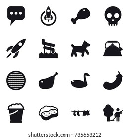 16 vector icon set : message, rocket, chicken leg, aquapark, dog, kettle, goose, eggplant, foam bucket, sponge with foam, drying clothe, garden cleaning