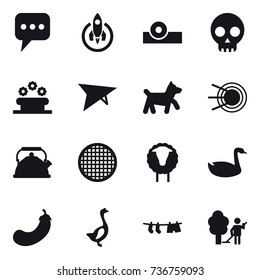 16 vector icon set : message, rocket, flower bed, deltaplane, dog, kettle, sheep, goose, eggplant, drying clothe, garden cleaning