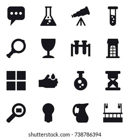16 vector icon set : message, flask, telescope, vial, magnifier, wineglass, building, window, bulb, jug, skyscapers cleaning