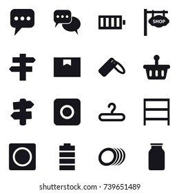 16 vector icon set : message, discussion, battery, shop signboard, singlepost, signpost, ring button, hanger, rack