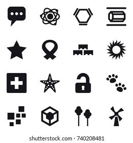 16 vector icon set : message, atom, hex molecule, nanotube, star, block wall, sun, first aid, starfish, unlocked, pets, trees, windmill