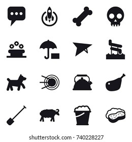 16 vector icon set : message, rocket, flower bed, deltaplane, aquapark, dog, kettle, shovel, sheep, foam bucket, sponge with foam