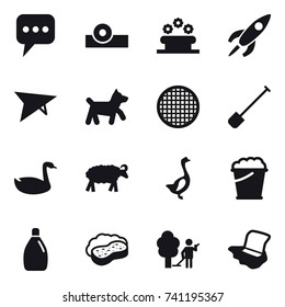 16 vector icon set : message, flower bed, deltaplane, dog, shovel, goose, sheep, foam bucket, cleanser, sponge with foam, garden cleaning, floor washing