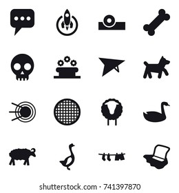 16 vector icon set : message, rocket, flower bed, deltaplane, dog, sheep, goose, drying clothe, floor washing