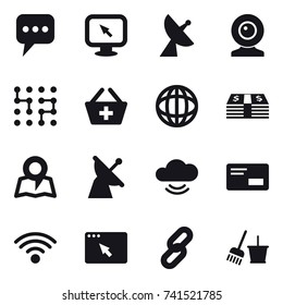 16 vector icon set : message, monitor arrow, satellite antenna, web cam, chip, add to basket, map, bucket and broom
