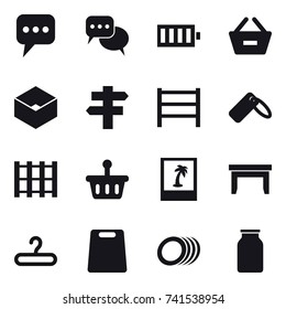 16 vector icon set : message, discussion, battery, remove from basket, box, singlepost, photo, table, hanger, cutting board