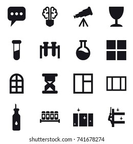 16 vector icon set : message, bulb brain, telescope, wineglass, window, arch window, clean  window, skyscrapers cleaning