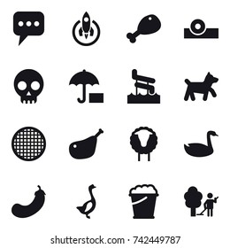 16 vector icon set : message, rocket, chicken leg, aquapark, dog, sheep, goose, eggplant, foam bucket, garden cleaning