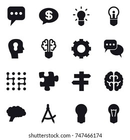 16 vector icon set : message, money message, bulb, bulb head, bulb brain, gear, discussion, chip, puzzle, singlepost, draw compass