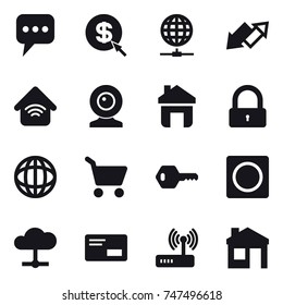 16 vector icon set : message, dollar arrow, globe connect, up down arrow, wireless home, web cam, home, lock, cart, key, ring button, house