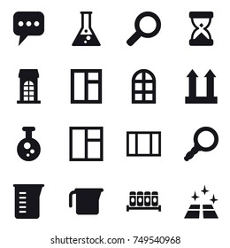 16 vector icon set : message, flask, building, window, arch window, measuring cup, clean floor