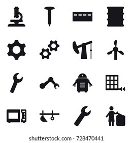 16 vector icon set : microscope, nail, bunker, plow, wrench, garbage bin