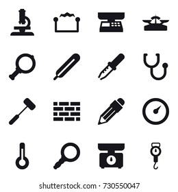 16 vector icon set : microscope, electrostatic, market scales, scales, magnifier, brick wall, pencil, barometer, thermometer, kitchen scales, handle scales