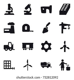 16 vector icon set : microscope, slum, brick, factory, measuring tape, construction, tower crane, windmill, sweeper, garbage bin