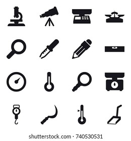 16 vector icon set : microscope, telescope, market scales, scales, pencil, level, barometer, thermometer, kitchen scales, handle scales, sickle, scoop