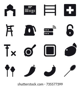 16 vector icon set : minaret, first aid, Chair for babies, kettle, pan, cutting board, trees, hot pepper, eggplant, duster