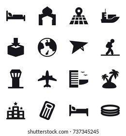 16 vector icon set : minaret, earth, deltaplane, tourist, airport tower, airplane, hotel, island, inflatable mattress, bed, inflatable pool
