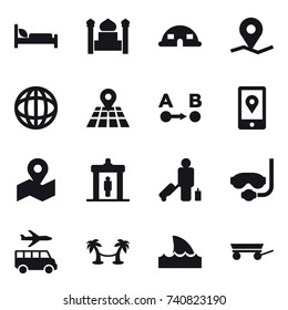 16 vector icon set : minaret, dome house, detector, passenger, diving mask, transfer, palm hammock, shark flipper, trailer