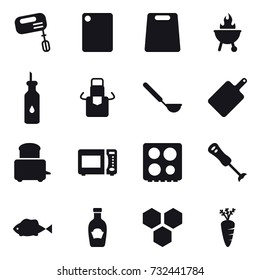 16 vector icon set : mixer, cutting board, bbq, apron, ladle, honeycombs, carrot