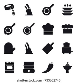 16 vector icon set : mixer, stands for knives, pan, plate washing, cook hat, chef  hat, cook glove, knife holder, cutting board, hot pepper, water tap sink