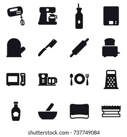 16 vector icon set : mixer, coffee maker, kitchen scales, cook glove, chef knife, rolling pin, mortar, sponge