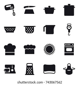 16 vector icon set : mixer, cutting board, pan, kolander, colander, measuring cup, handle scales, cook hat, chef  hat, sponge, apron