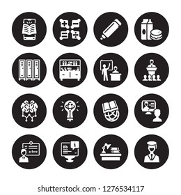 16 vector icon set : mobile learning, Homework, Information, Instructor, interactive course, Graduation, Lockers, Learning, Lesson isolated on black background
