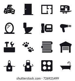 16 vector icon set : modern architecture, door, plan, trailer, mirror, toilet, intercome, hair dryer, repair tools, pets, towels, garage, apron, bath