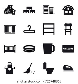 16 vector icon set : modern architecture, block wall, district, house, wardrobe, hanger, rack, chair, crib, inflatable pool, cup, welcome mat, apron, broom, toilet, iron