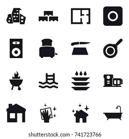 16 vector icon set : modern architecture, block wall, plan, ring button, speaker, toaster, cutting board, pan, bbq, pool, plate washing, house, wiping, house cleaning, bath