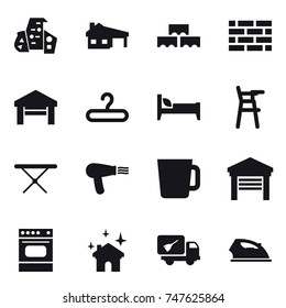16 vector icon set : modern architecture, house with garage, block wall, brick wall, garage, hanger, bed, Chair for babies, iron board, hair dryer, cup, house cleaning, home call cleaning, iron