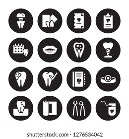16 vector icon set : Molar crown, Forceps of dentist tools, Gauze, Gum, Headlamp, Floss, Medical appointment, Holed Tooth, Inner Tooth isolated on black background